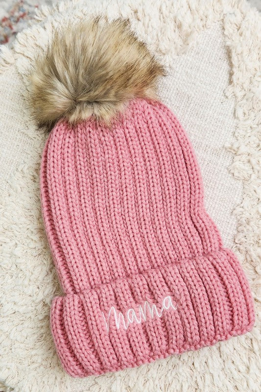 Mama Embroidered Faux Fur Pom Beanie Cap | Modern Boutique Fashion