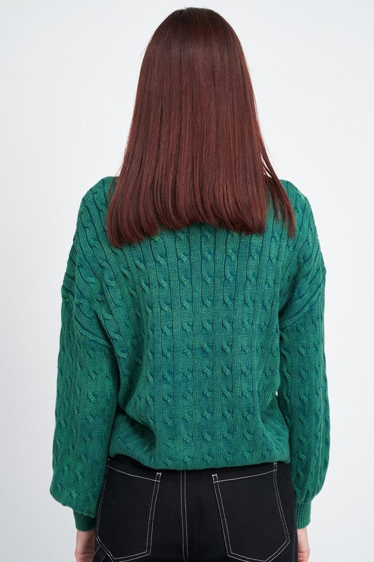 CABLE KNIT TOP WITH BUBBLE SLEEVES