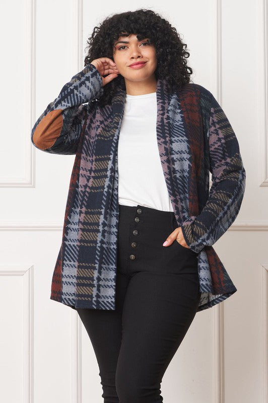 Plus Multi Color Plaid Elbow Patch Cardigan