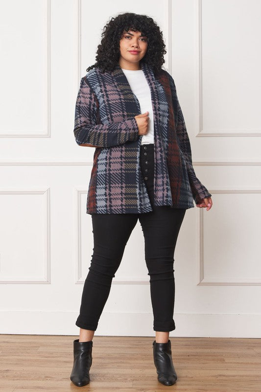 Plus Multi Color Plaid Elbow Patch Cardigan