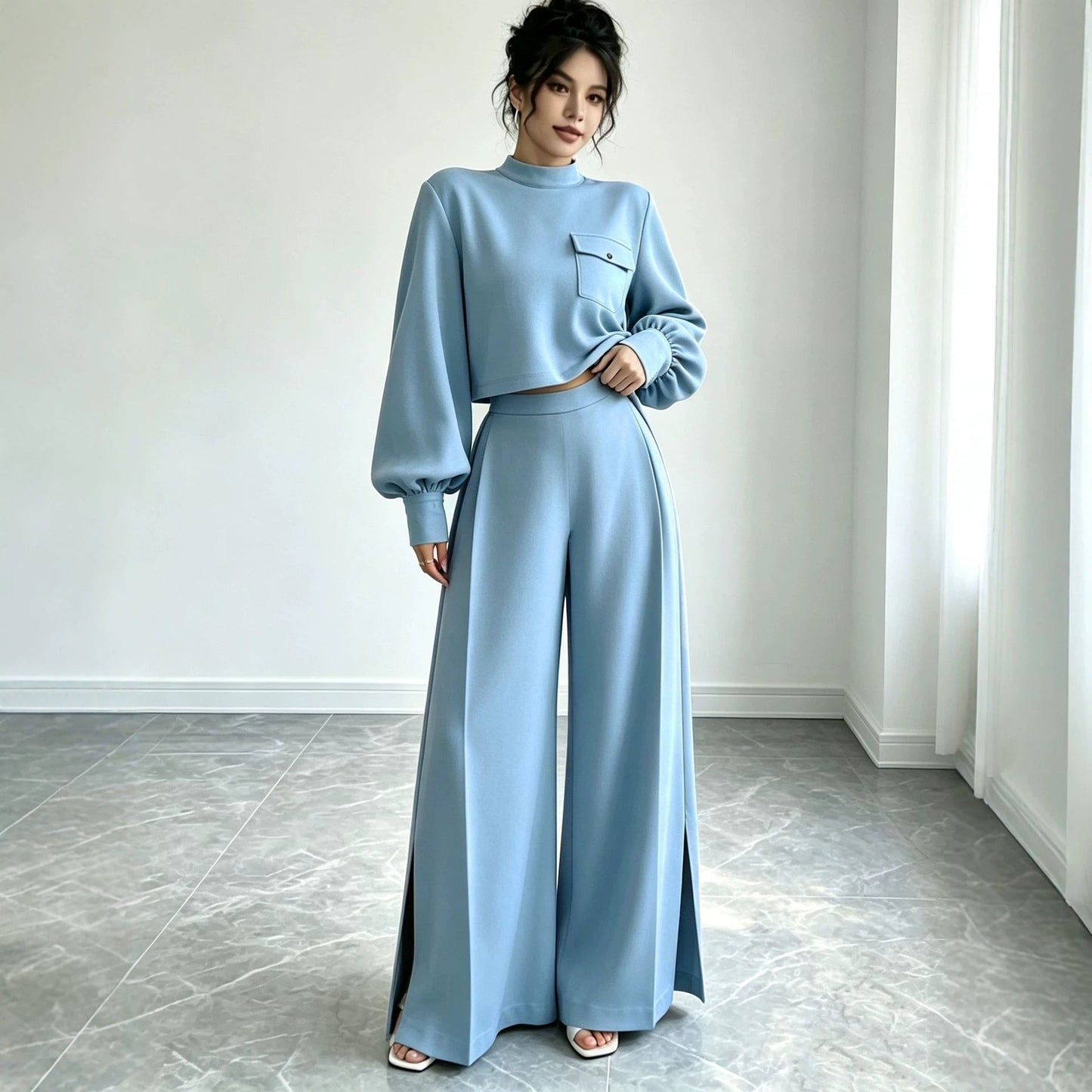 Solid Color Wide Leg Pants Set for Women – Long Sleeve Two-Piece