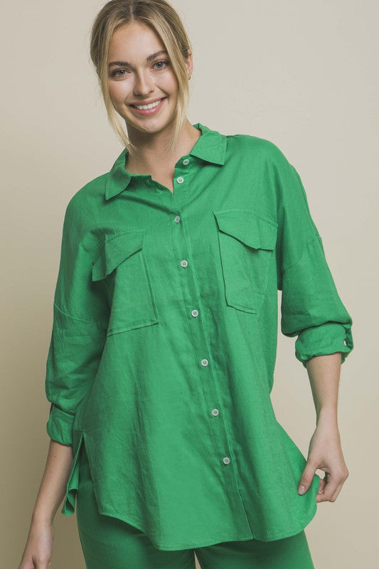 Linen Oversized Double Pocket Button Down Shirt