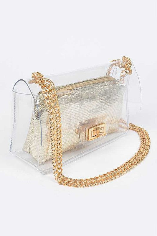 2 In 1 Metallic Pouch Clear Shoulder Stadium Bag