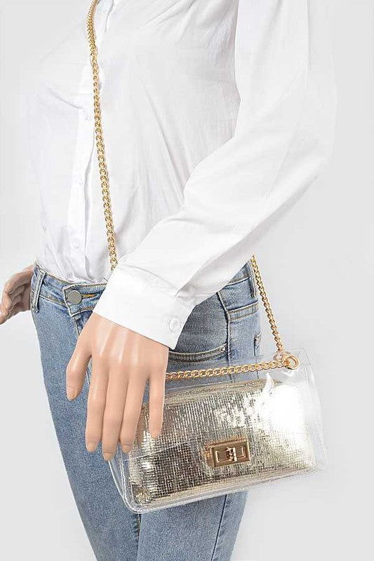 2 In 1 Metallic Pouch Clear Shoulder Stadium Bag