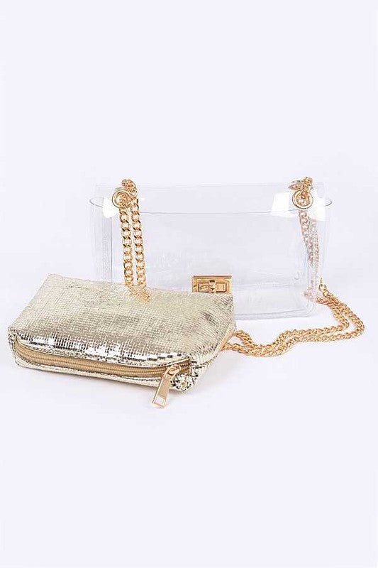 2 In 1 Metallic Pouch Clear Shoulder Stadium Bag
