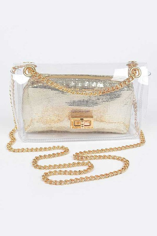 2 In 1 Metallic Pouch Clear Shoulder Stadium Bag