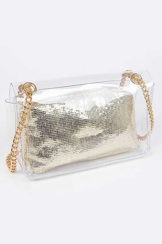 2 In 1 Metallic Pouch Clear Shoulder Stadium Bag