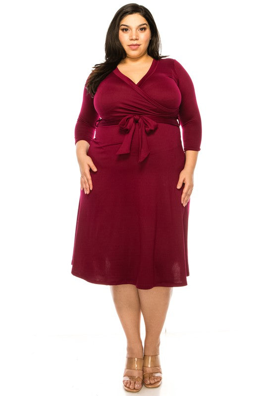 Plus size, solid faux wrap dress