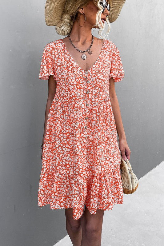 Floral Short Sleeve V Neck Midi Length Dress