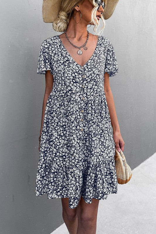 Floral Short Sleeve V Neck Midi Length Dress