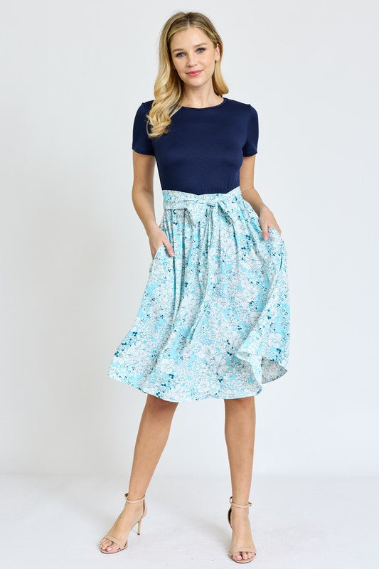 Short Sleeve Floral Sash Midi Dress