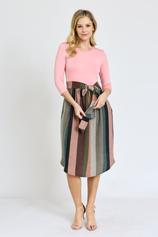 Quarter Sleeve Stripe Sash Midi Dress