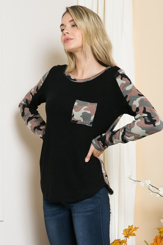 Camouflage Contrast Knit Top