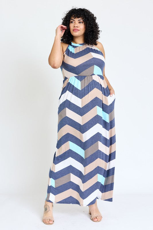 Plus Halter Neck Chevron Maxi Dress