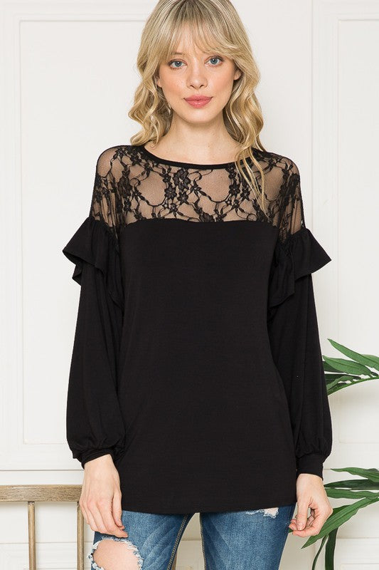 Lace Yoke Ruffle Sleeves