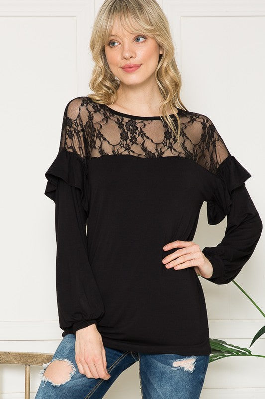 Lace Yoke Ruffle Sleeves