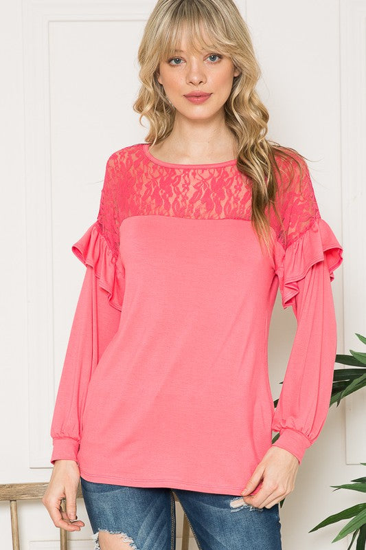 Lace Yoke Ruffle Sleeves