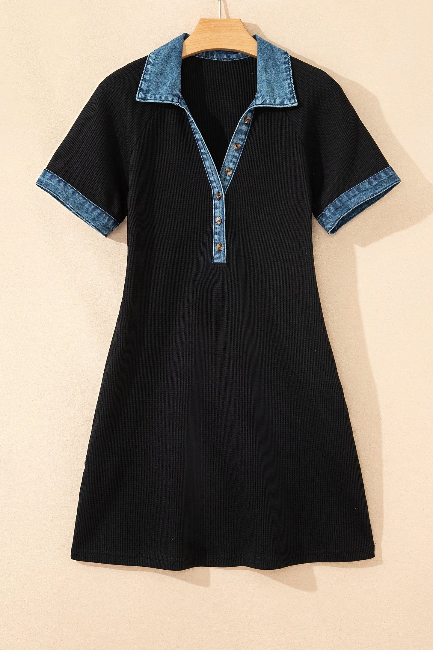 Denim Waffle Knit Contrast Trim Polo Dress
