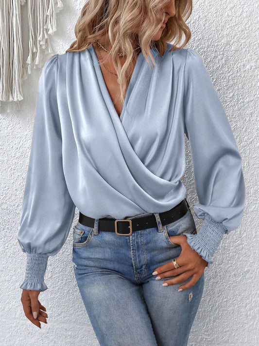 Crossover long sleeve silk blouse