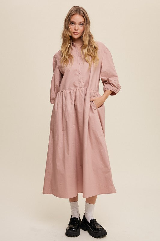 Button Front Puff Sleeve Babydoll Maxi Dress