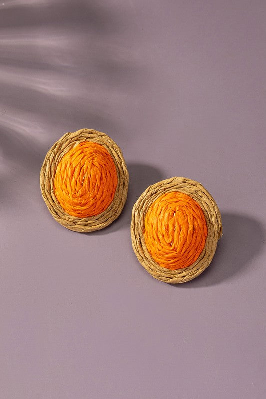 raffia straw button stud earrings