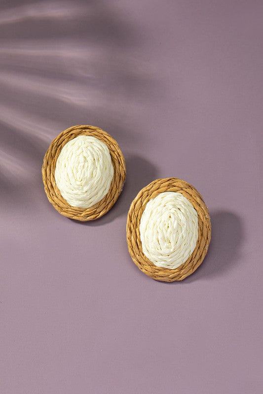 raffia straw button stud earrings