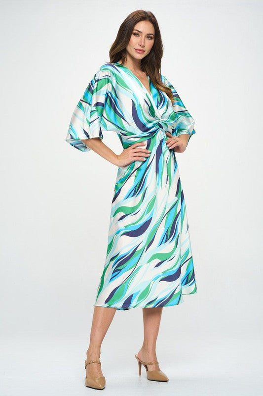 Front Twist Multi Color Print Satin Dress