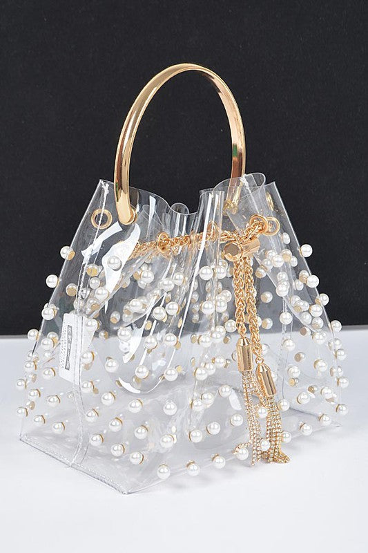 Pearl Studs Clear Transparent Clutch Stadium Bag