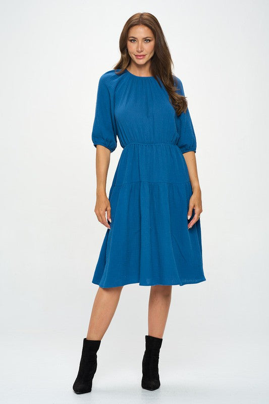 Made in USA Cotton 3/4 Sleeve Tiered Midi Dress