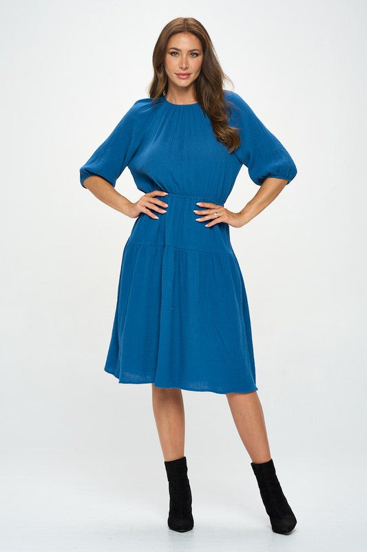 Made in USA Cotton 3/4 Sleeve Tiered Midi Dress