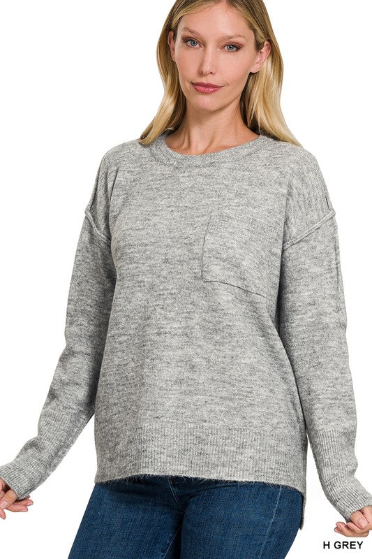 MELANGE HI-LOW HEM ROUND NECK SWEATER