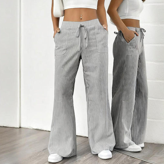 Women's Striped Print Straight Wide Leg Pockets Pants Casual Long Pants