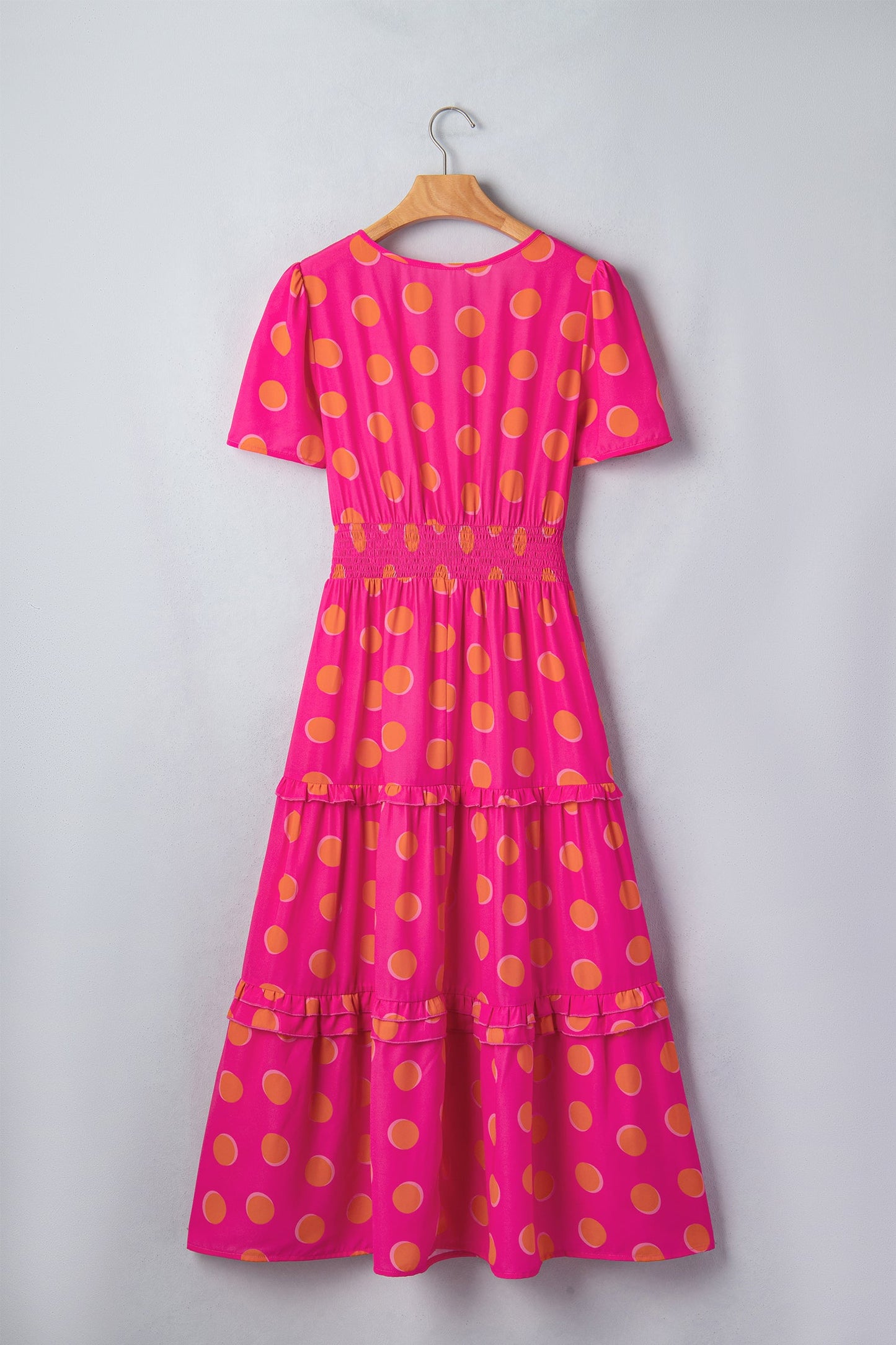 shirred polka dot midi dress Polka Dot Short Sleeve Shirred Waist Midi Dress – Modern Emporium