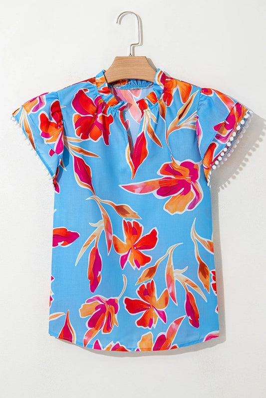 Floral Pompom Trim Flutter Sleeve V-Neck Blouse