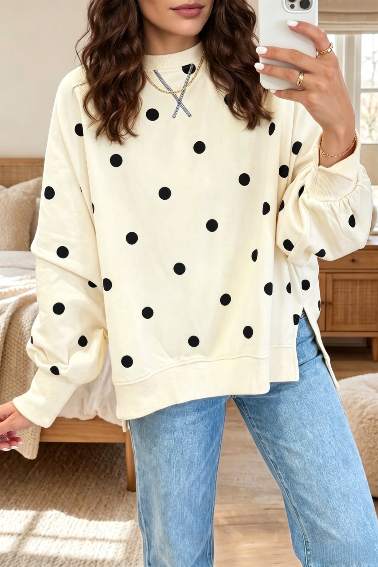 Women's Polka Dot Loose Hoodie Sweatshirt – Long Sleeve Pullover Top