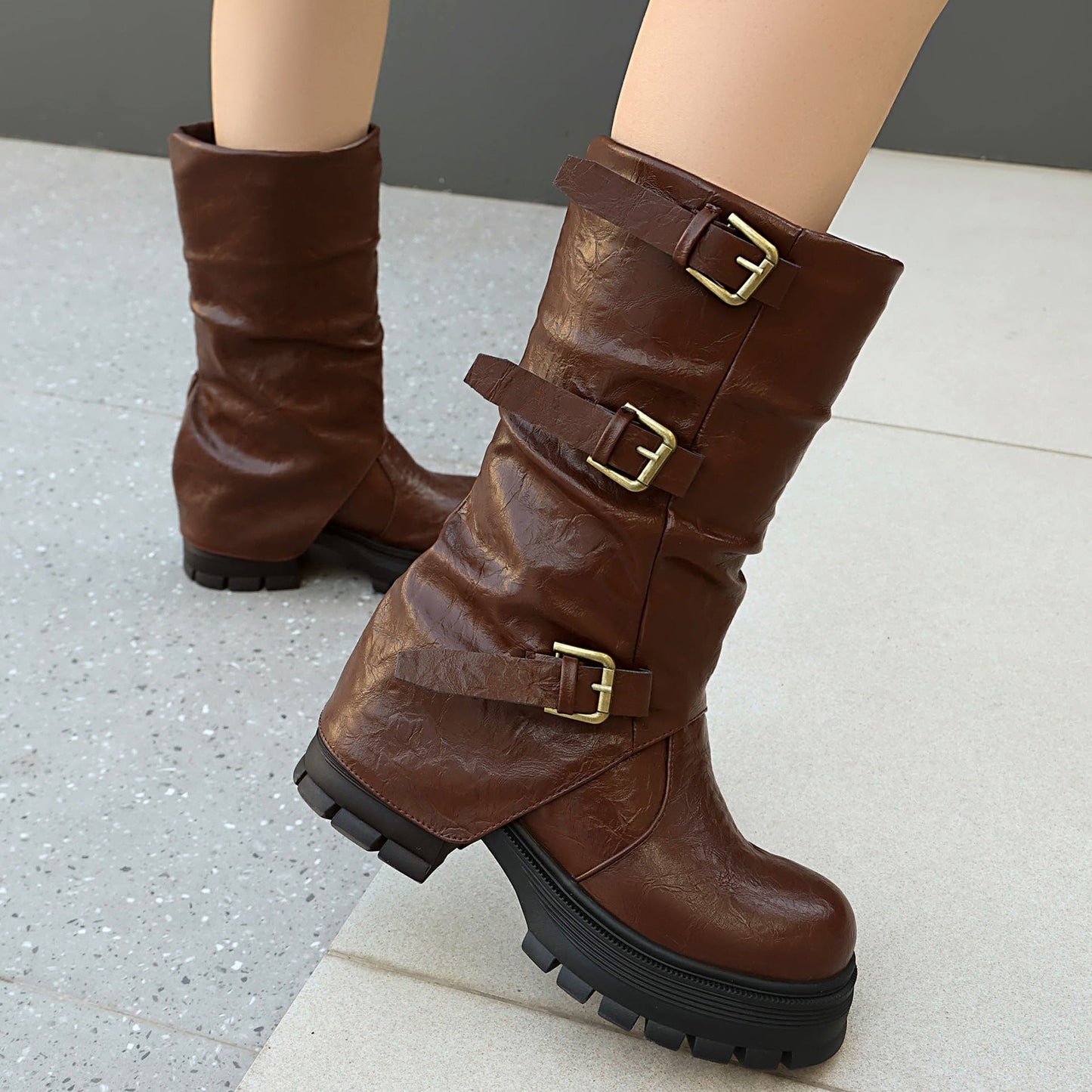 Women's Triple Buckle Moto Boots – Distressed PU Chunky Platform Block Heel