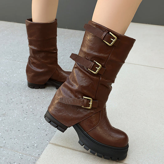 Women's Triple Buckle Moto Boots – Distressed PU Chunky Platform Block Heel