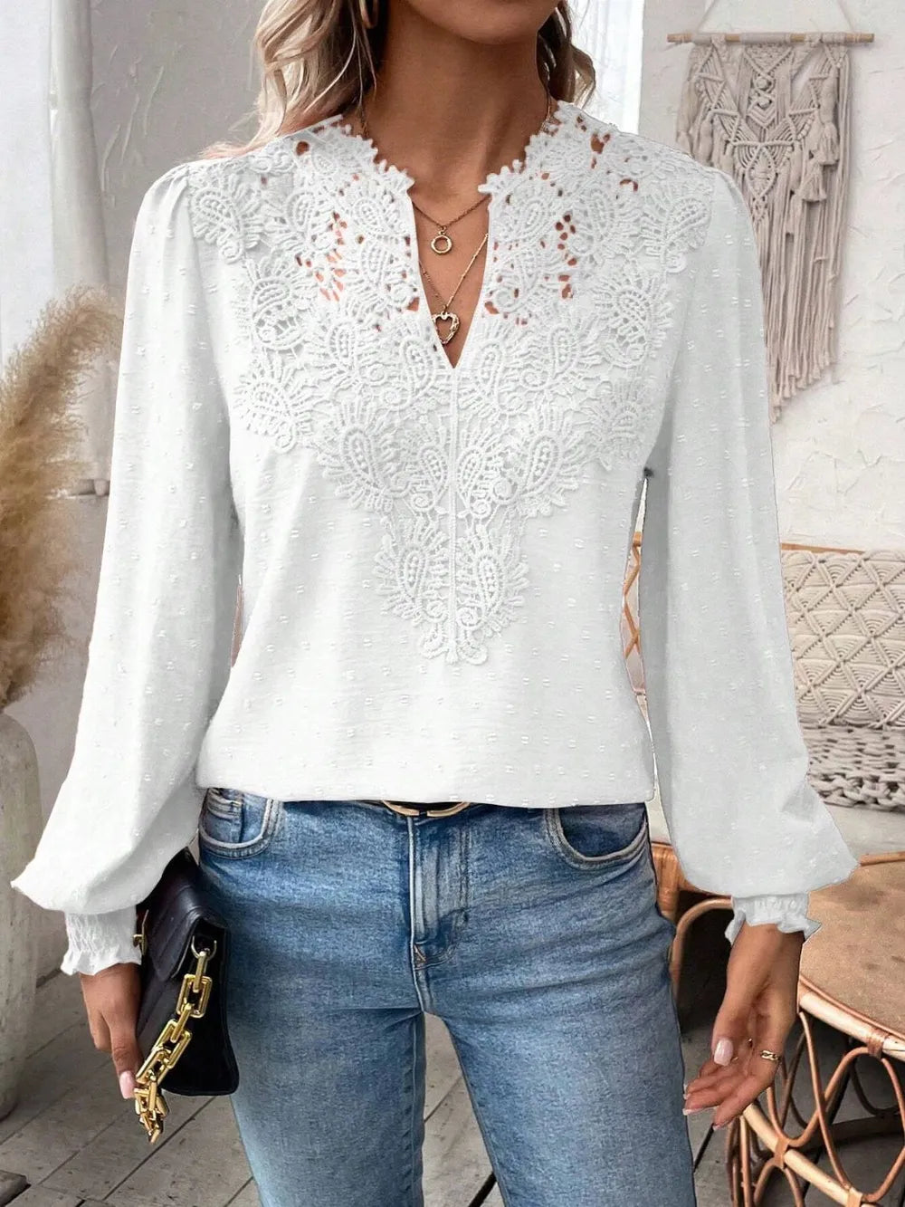 Swiss Dot Lace Detail Notched Long Sleeve Blouse – Feminine Style