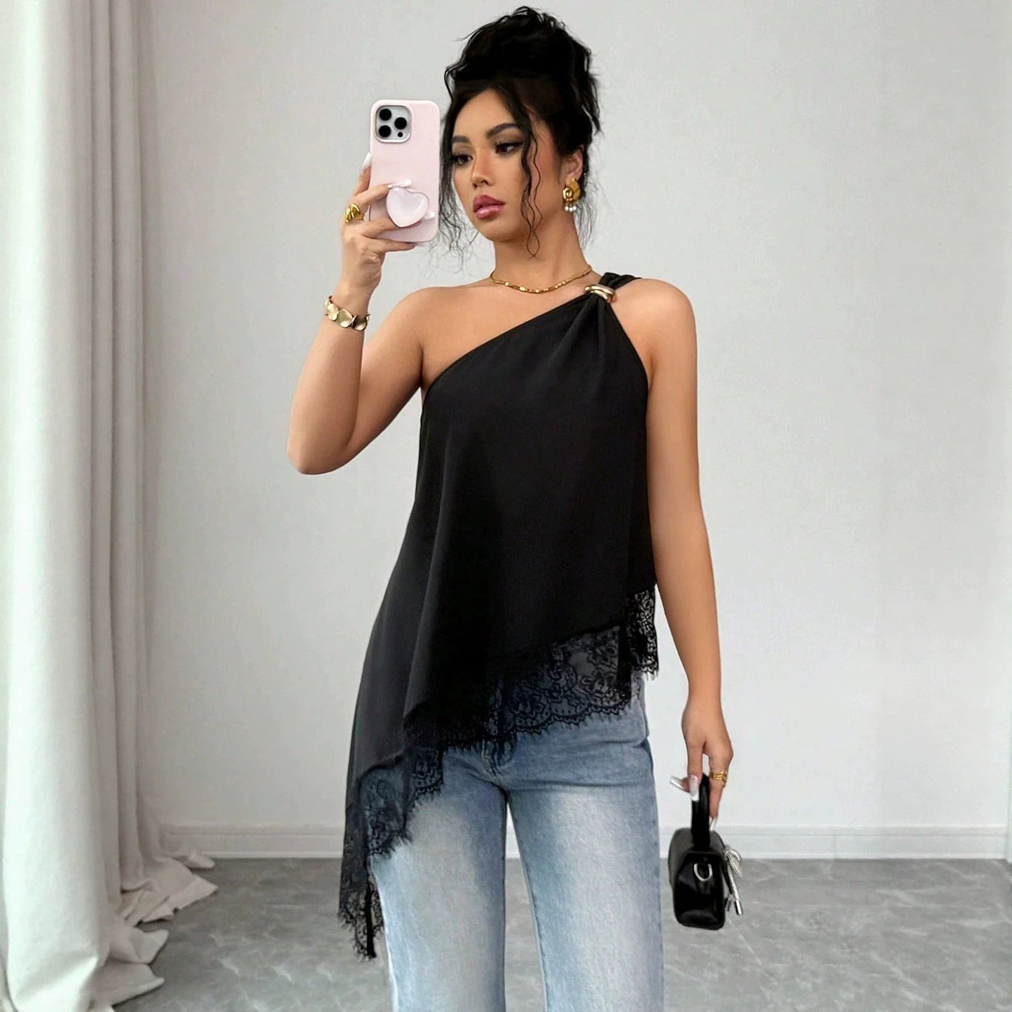 Off-Shoulder Metal Buckle Lace Patchwork Vest – Irregular Hem Loose Fit