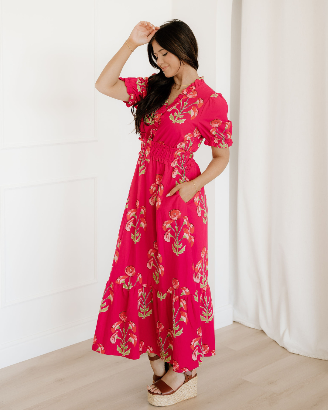 Neve Red Floral Maxi Dress | Ruffle V Neck Dress