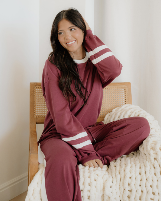 Jordyn Varsity Stripe Drawstring Wide Leg Pant Set - Mineral Red