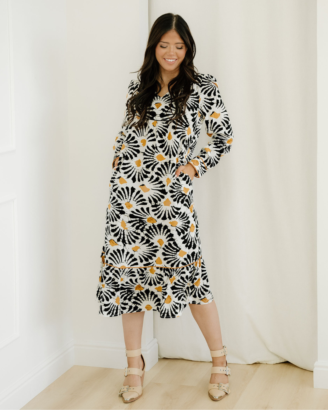 Lucille Abstract Floral Print Split V Neck Long Dress with Sleeves