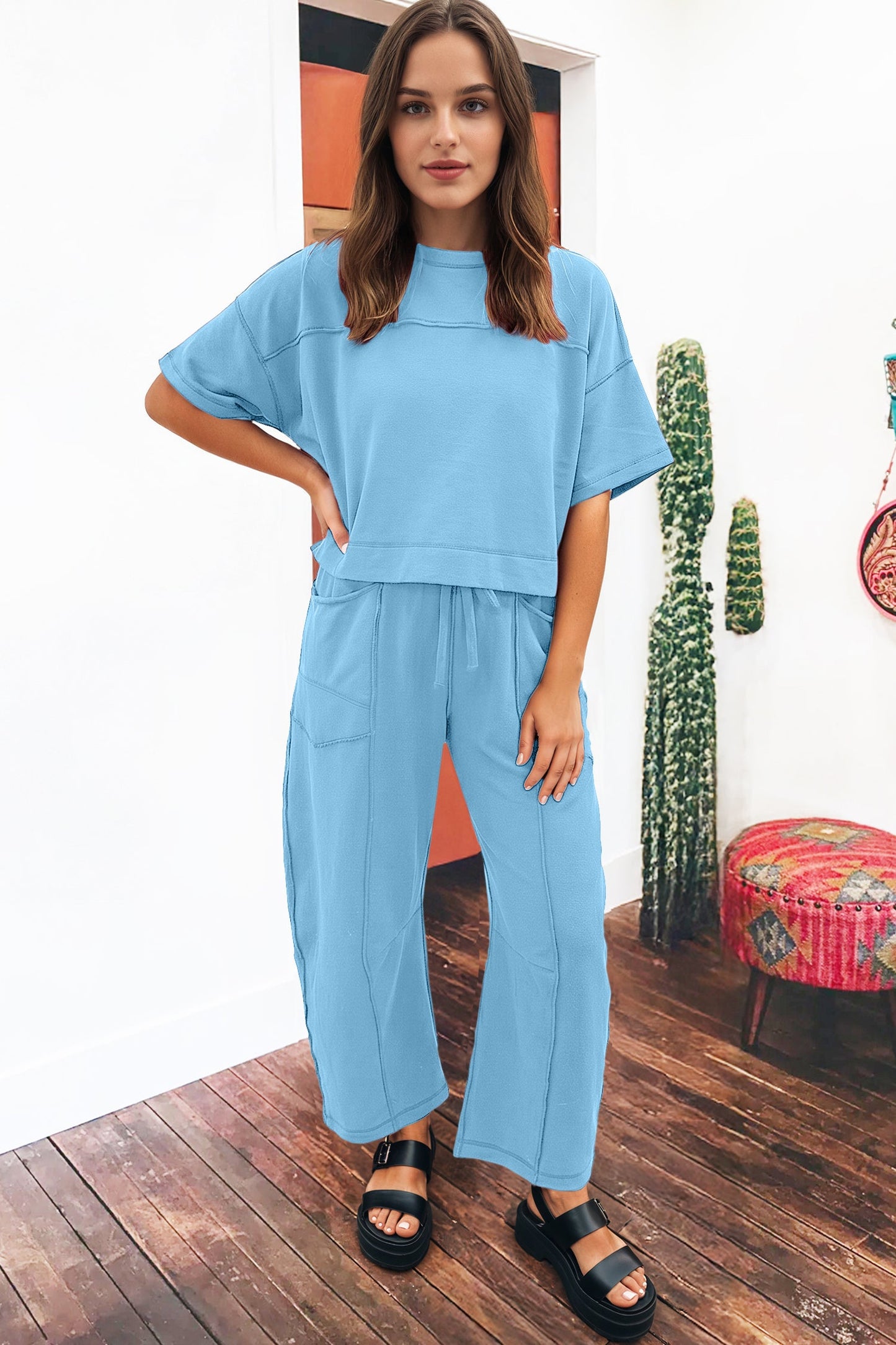Solid Drop Shoulder Boxy Tee & Barrel Pants Set