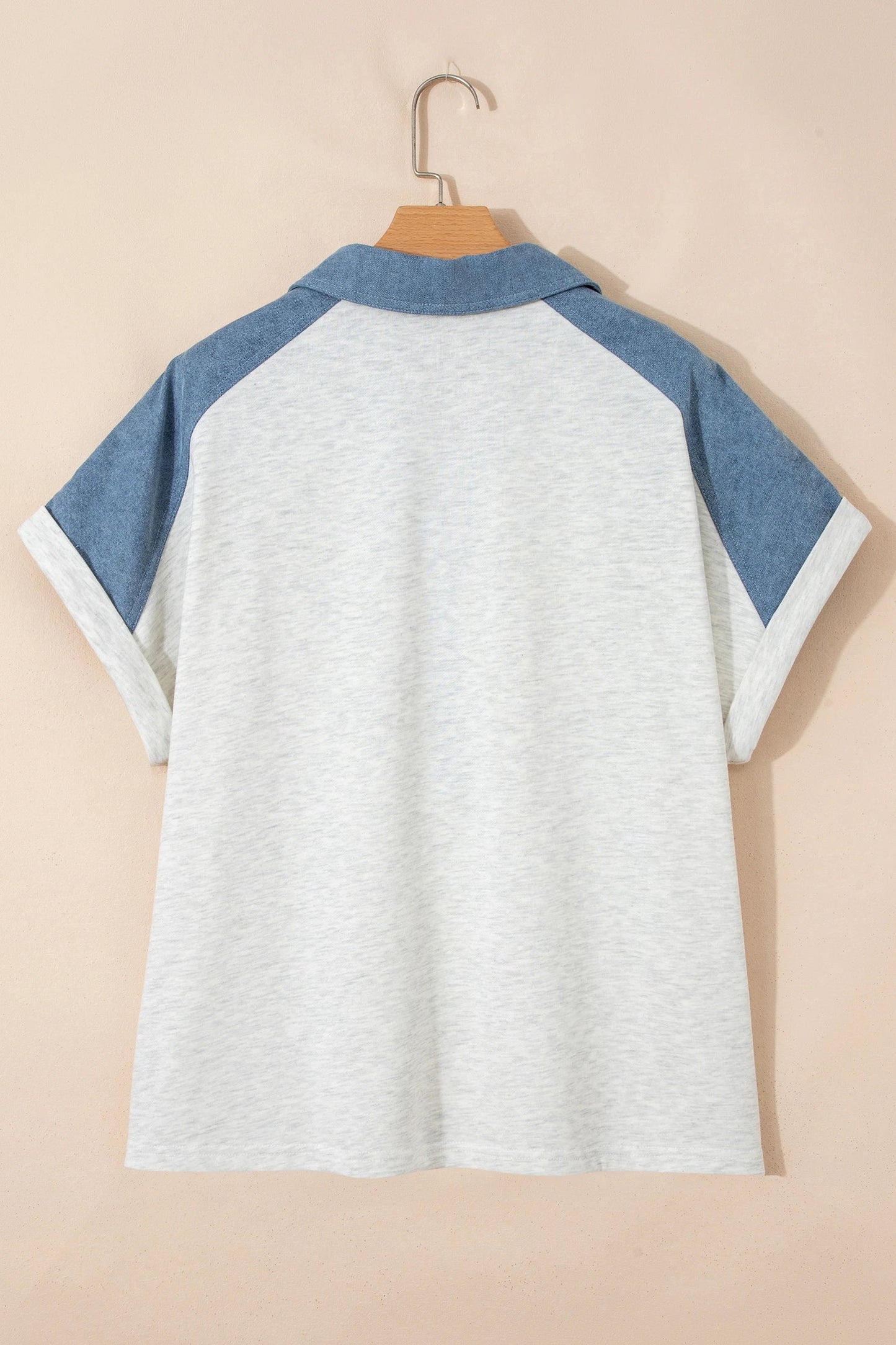 Plus Size Denim Patchwork Cuff Sleeve Polo Tee
