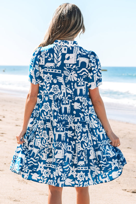 Floral Ricrac Trim Split Neck Tiered Mini Dress