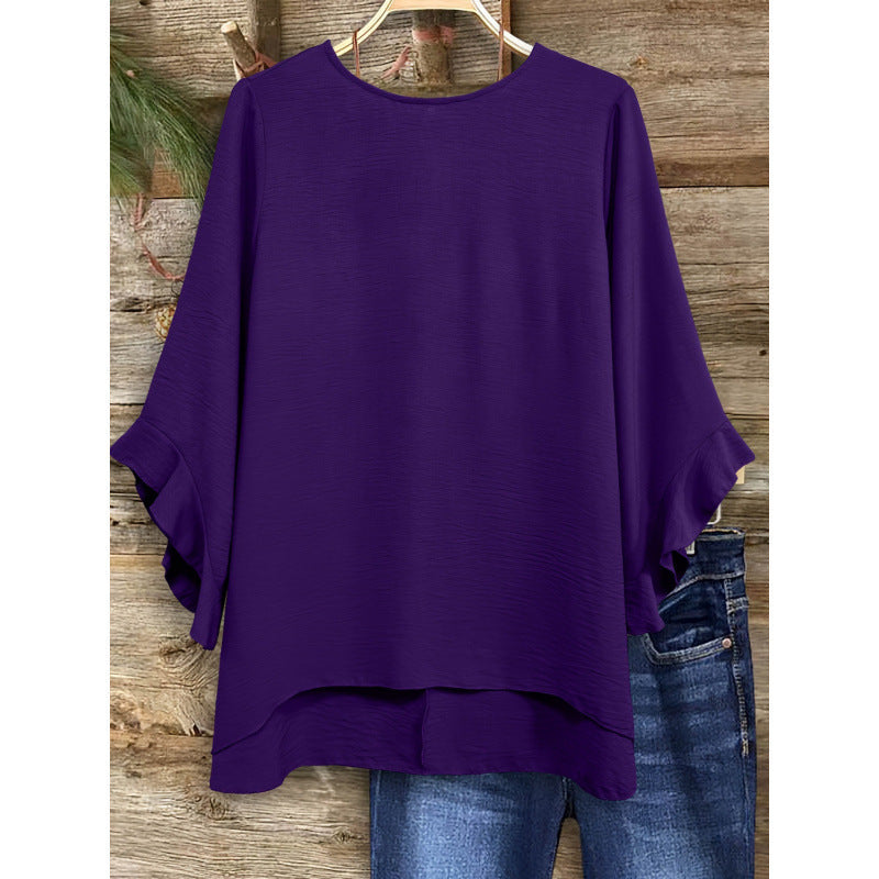 Women's Solid Color Loose Round-Neck Top – Ruffled Three-Quarter Sleeves