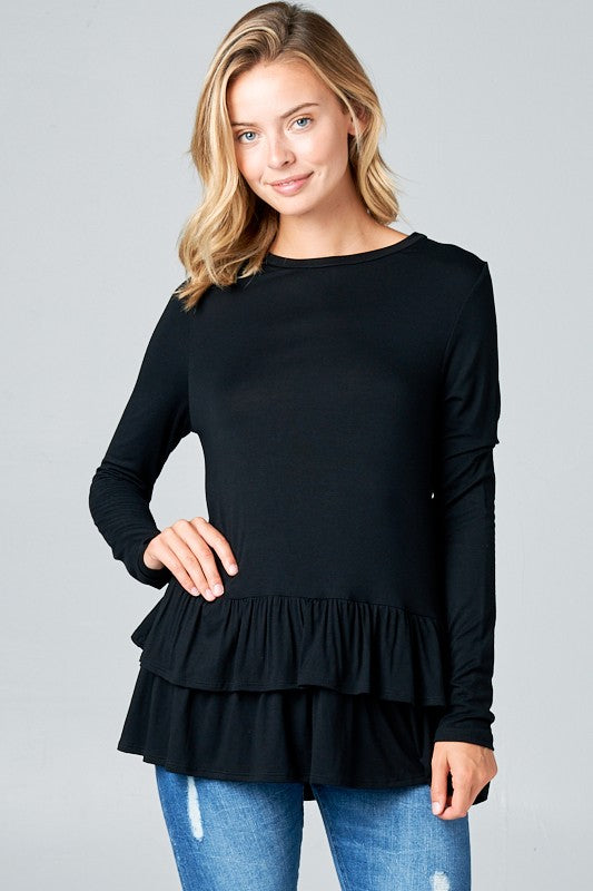 RUFFLE BOTTOM LONG SLEEVE ROUND NECK TUNIC TOP