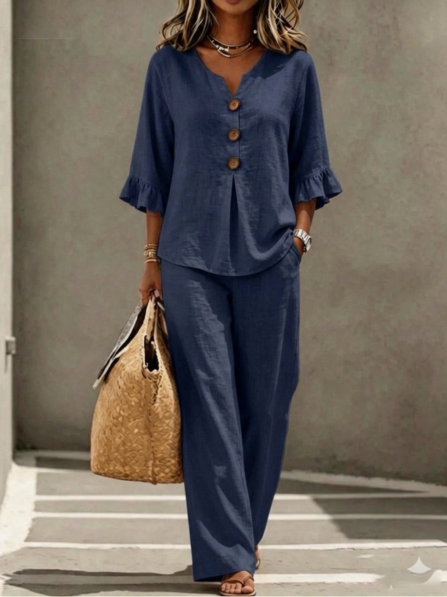 Women's Ruffle V-Neck Two-Piece Set – Button-Down Top & Pants