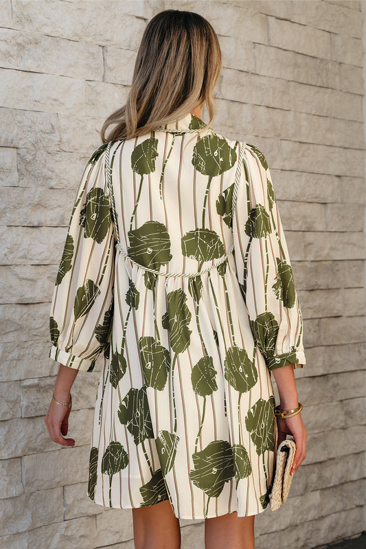 Angie Floral Striped Piping Puff Sleeve Dress
