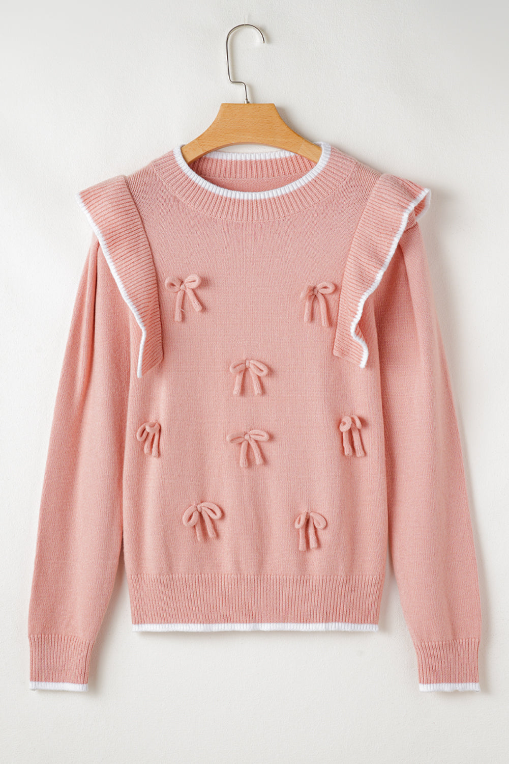 Bow Tie Ruffle Long Sleeve Ribbed Trim Sweater